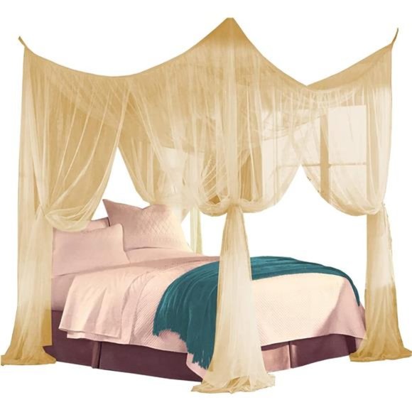 Four Corner Post Decorative Elegant Bed Net Canopy Set, Beige, Full/Queen/King - Picture 1 of 8